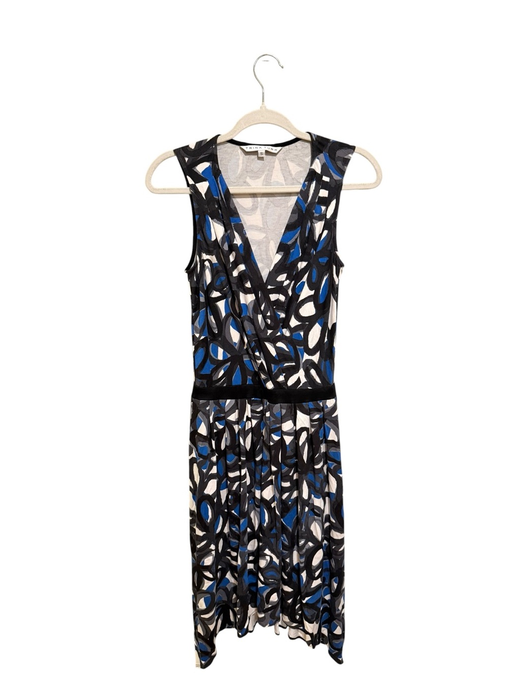 Trina Turk Black Blue White Print Wrap-Style Midi Dress